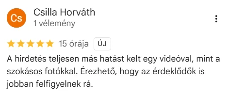 Horváth Csilla Google-véleménye az A Te Lakásod AI ingatlanvideó szolgáltatásról