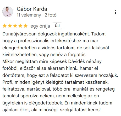 Karda Gábor Google-véleménye az A Te Lakásod AI ingatlanvideó szolgáltatásról